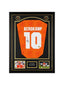 Framed official replica Holland 1994 home football shirt signed by Dennis Bergkamp, professionally displayed with two action photos.