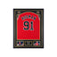Ingelijst rood Chicago Bulls nummer 91 basketbalshirt gesigneerd door Dennis Rodman met foto’s en naamplaatje.