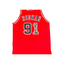 Achterkant van een rood nummer 91 basketbalshirt met RODMAN, gesigneerd door Dennis Rodman.