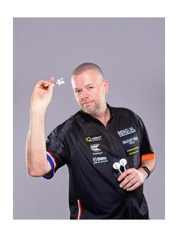 Raymond van Barneveld throwing a dart in his Target darts shirt.