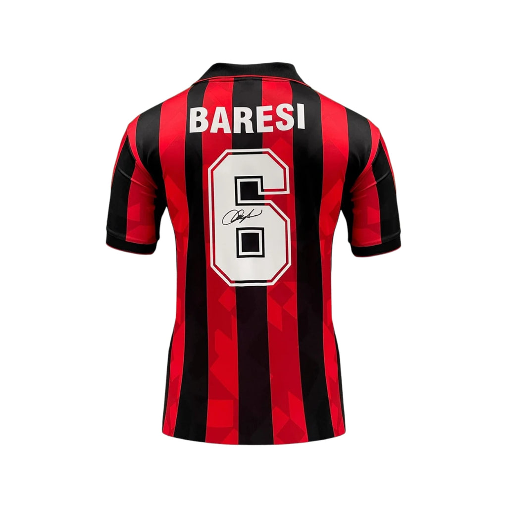 Back view of the AC Milan 1994 home football shirt signed by Franco Baresi.