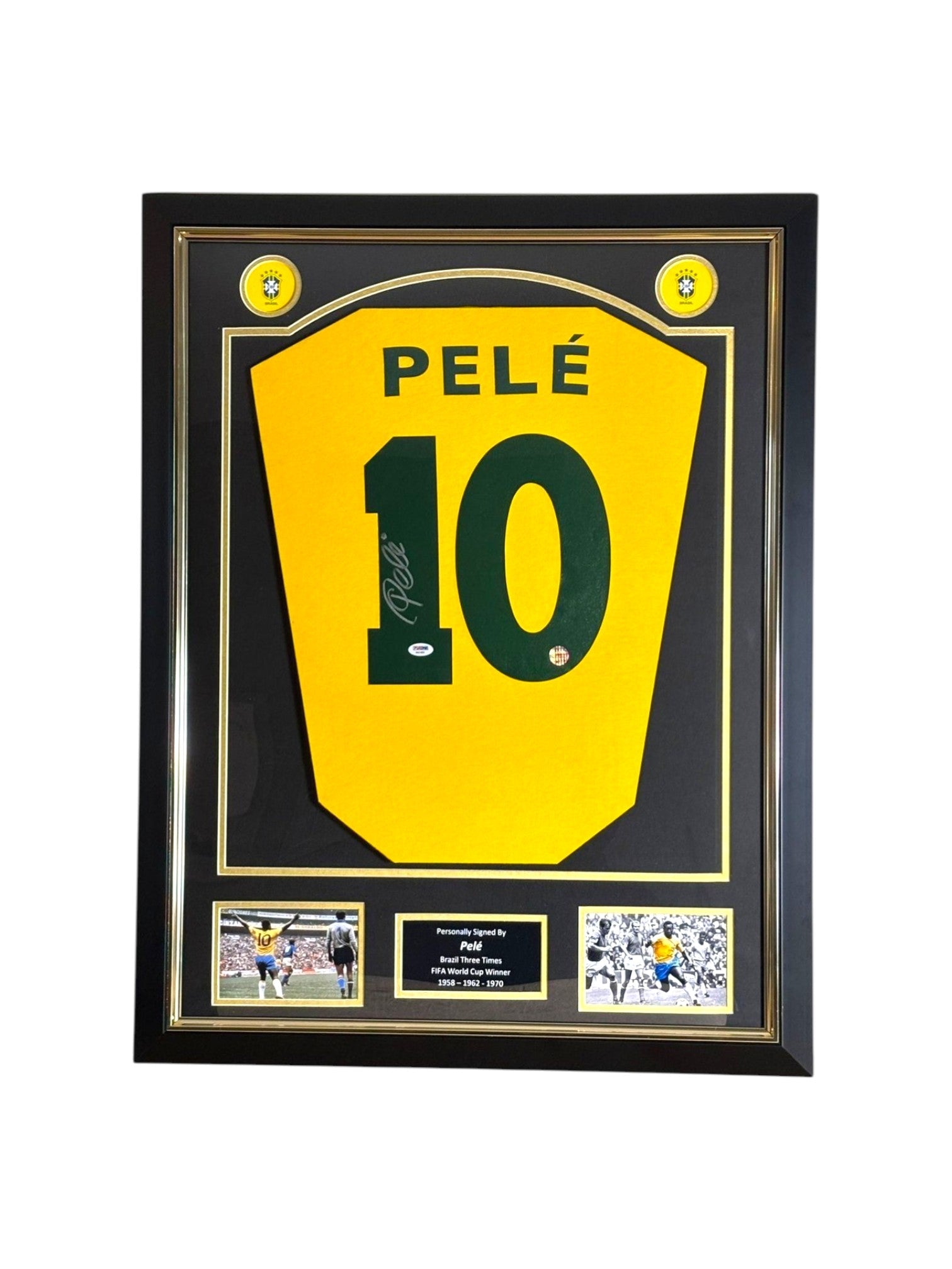 Pelé Gesigneerd Brazilië 1970 Retro Shirt - Deluxe Frame - Sport Memorabilia Netherlands