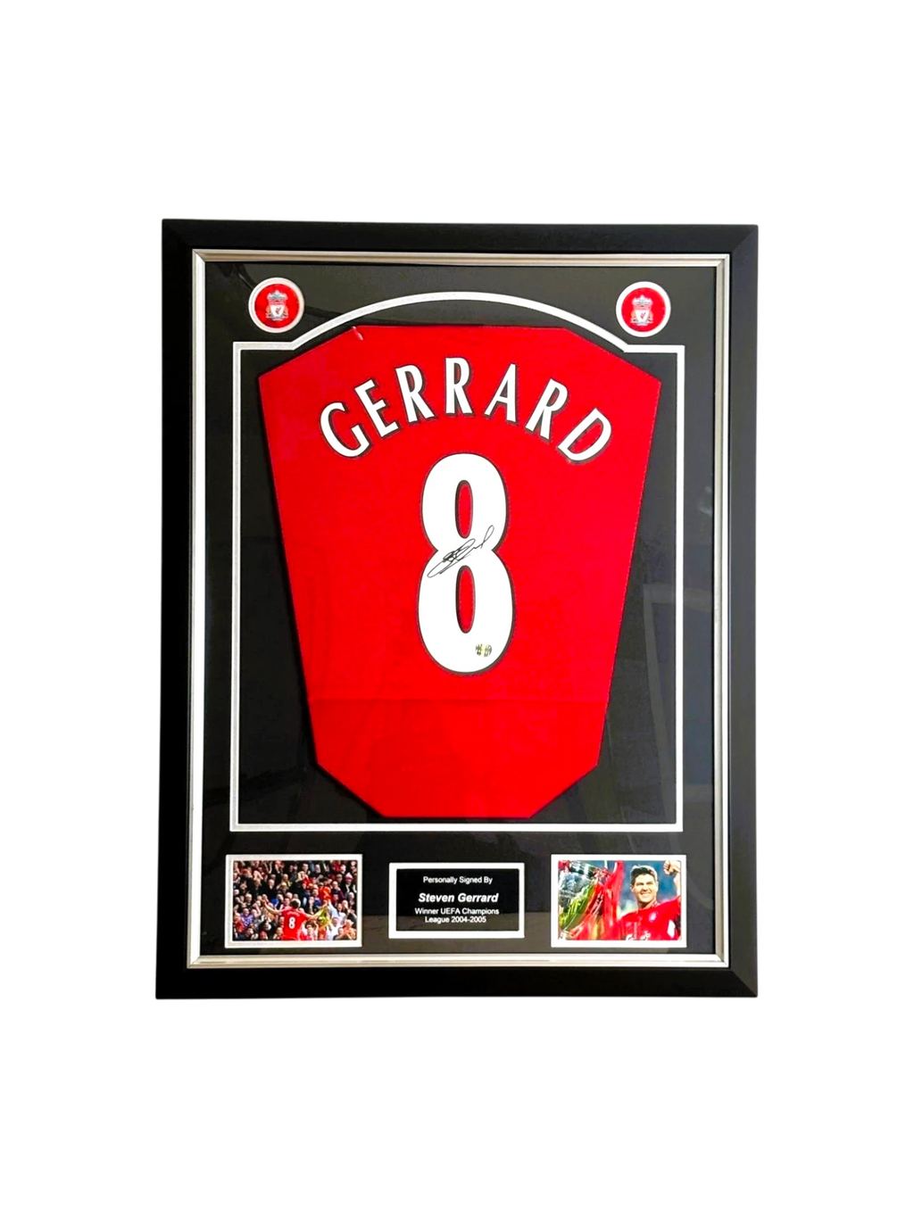 Steven Gerrard signed Liverpool football shirt framed number 8 autograph.