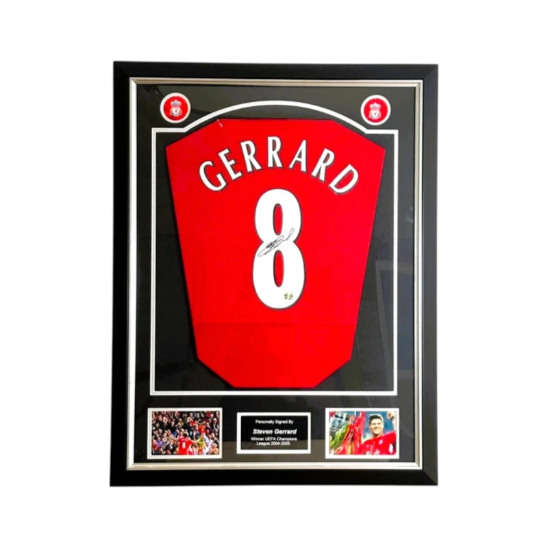 Steven Gerrard signed Liverpool football shirt framed number 8 autograph. Hoofdafbeelding