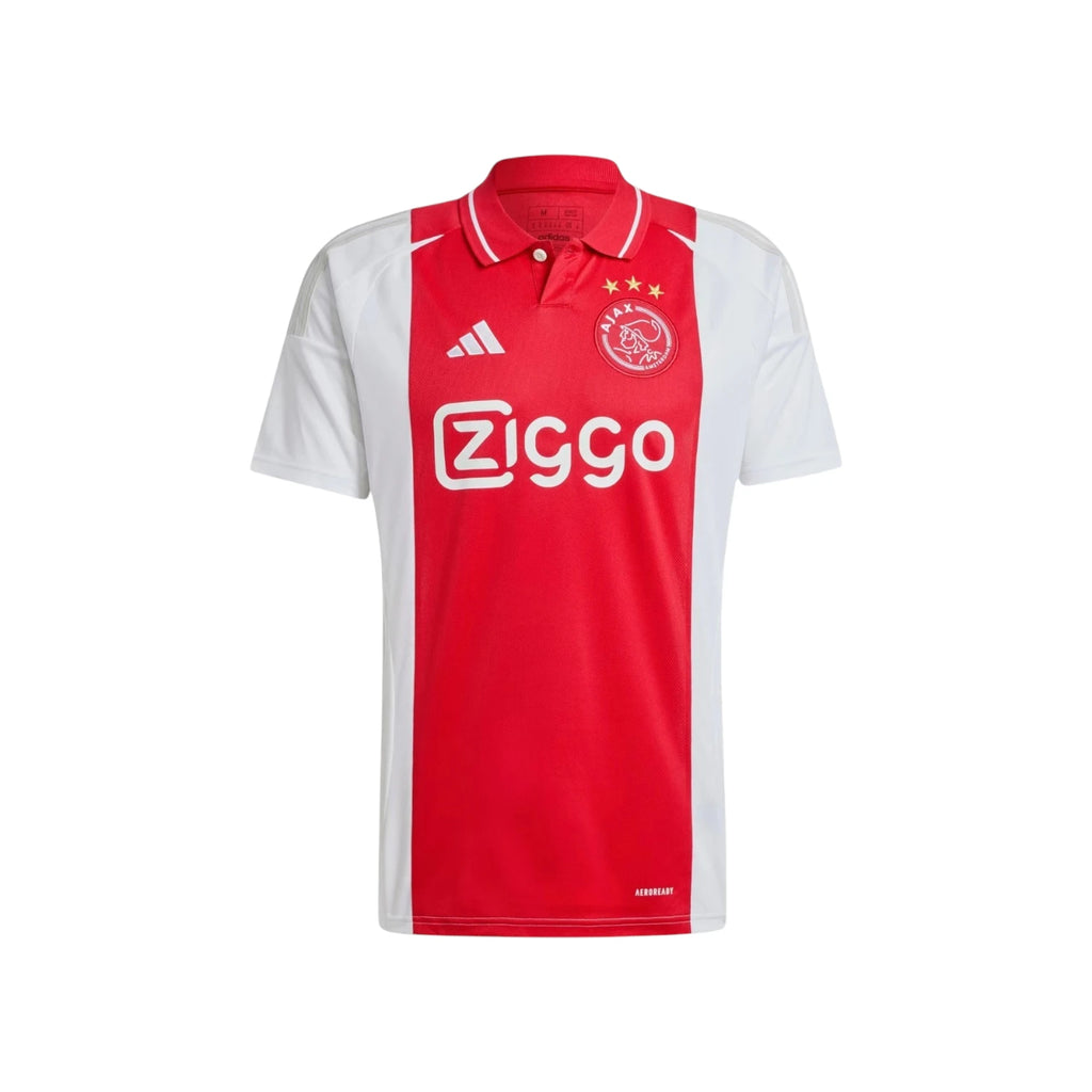 Ajax 2024-25 home football shirt front view with red and white design and Ziggo sponsor.
