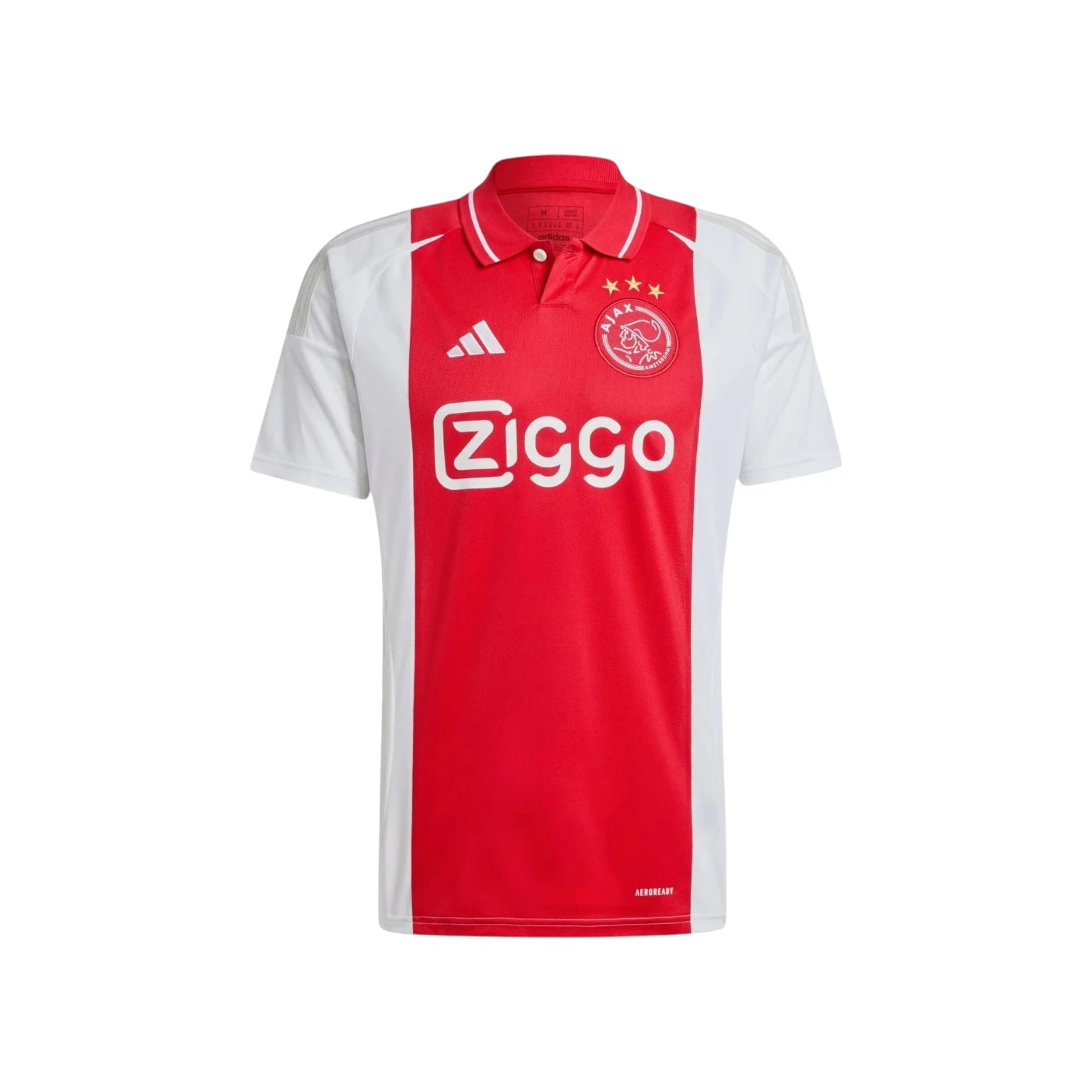 Ajax 2024-25 home football shirt front view with red and white design and Ziggo sponsor.