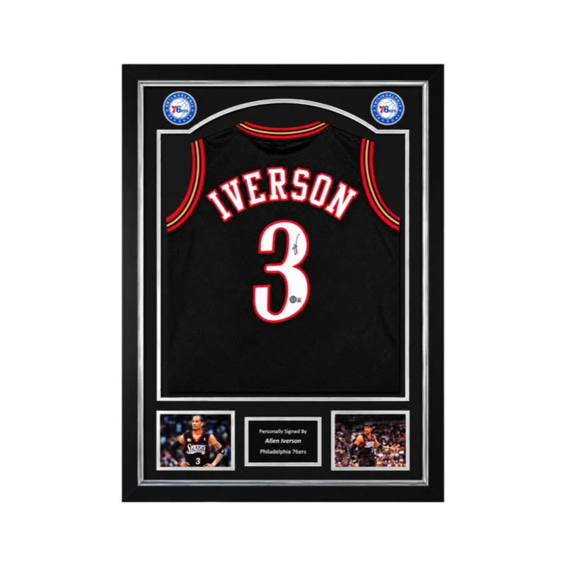 Allen Iverson gesigneerd Philadelphia 76ers basketbalshirt met rugnummer 3, professioneel ingelijst in Deluxe Frame