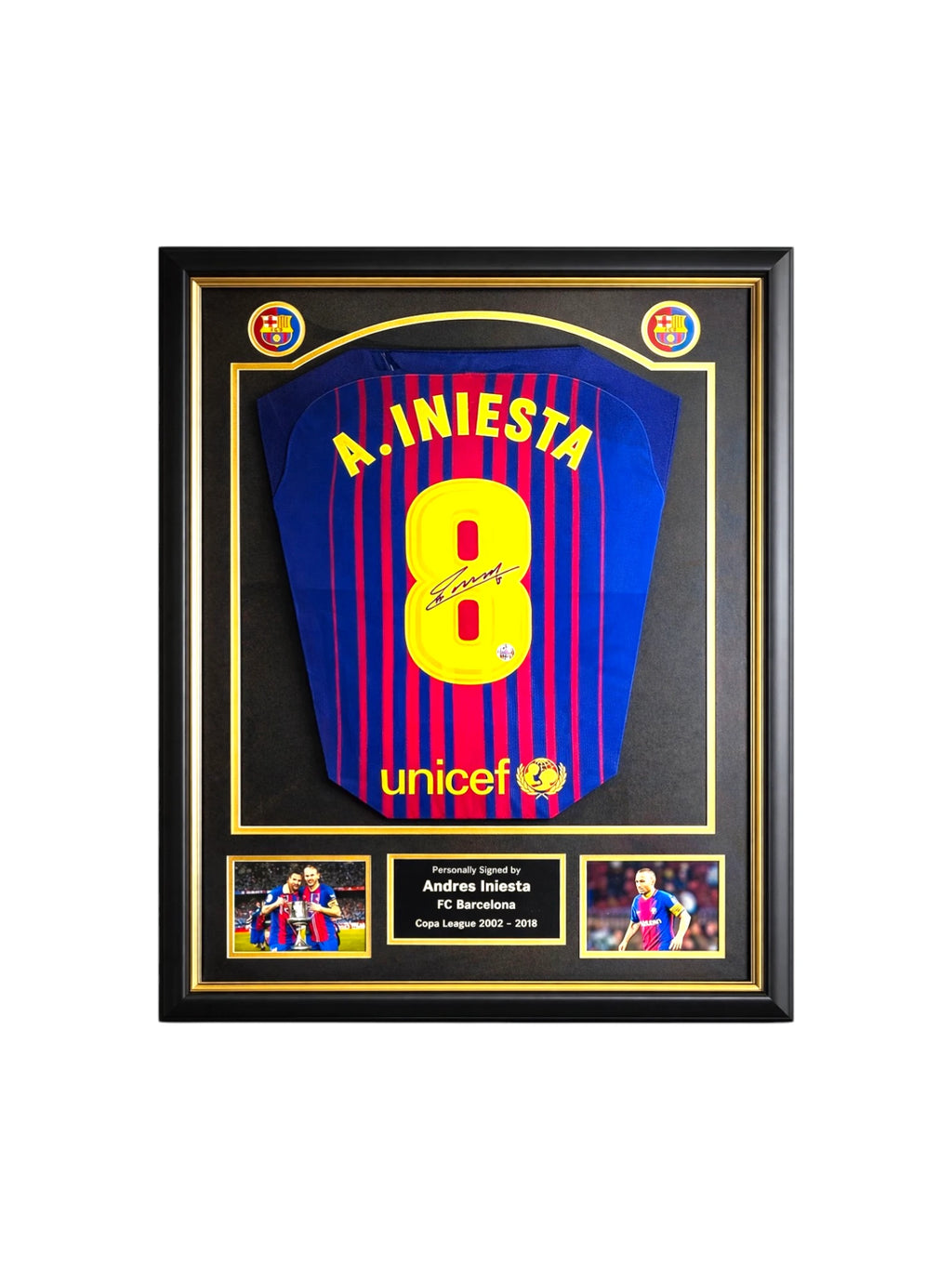 Andrés Iniesta signed FC Barcelona football shirt framed number 8 autograph display.