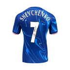Back view of a blue Chelsea football shirt signed by Andriy Shevchenko.