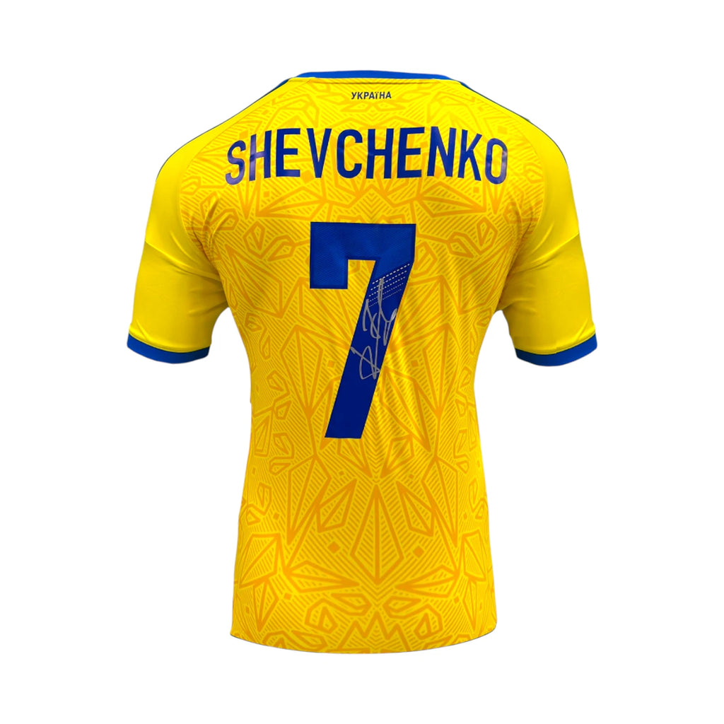 Back view of the official Ukraine 2026-27 football shirt signed by Andriy Shevchenko.