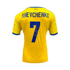 Back view of the official Ukraine 2026-27 football shirt signed by Andriy Shevchenko.