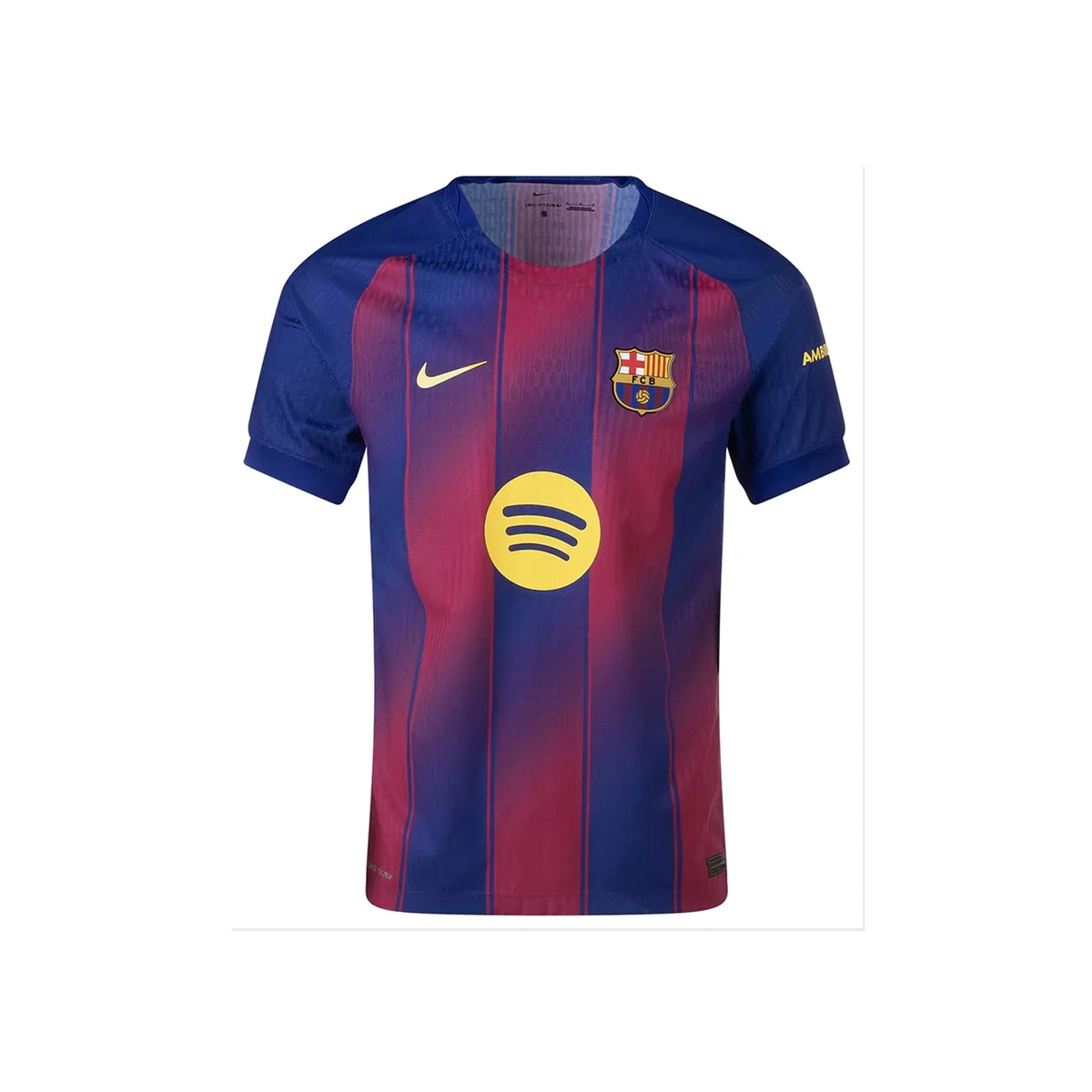 Voorkant van het FC Barcelona 2025-2026 Nike thuisshirt met blaugrana strepen, Spotify-sponsor en clublogo.