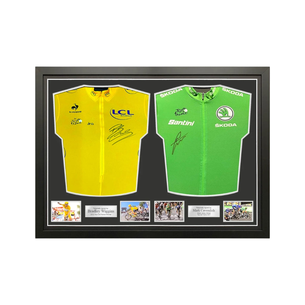 Framed Tour de France yellow and green cycling jerseys signed by Bradley Wiggins and Mark Cavendish with four action photos.