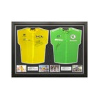 Framed Tour de France yellow and green cycling jerseys signed by Bradley Wiggins and Mark Cavendish with four action photos.