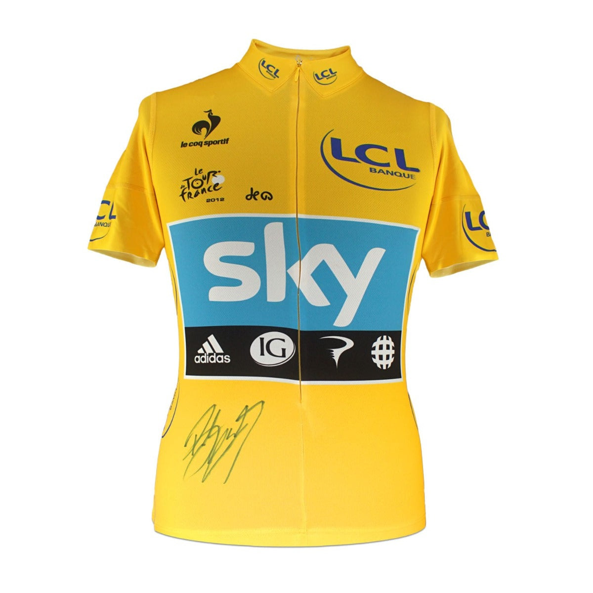 Official Tour de France 2012 yellow cycling jersey signed by Bradley Wiggins.