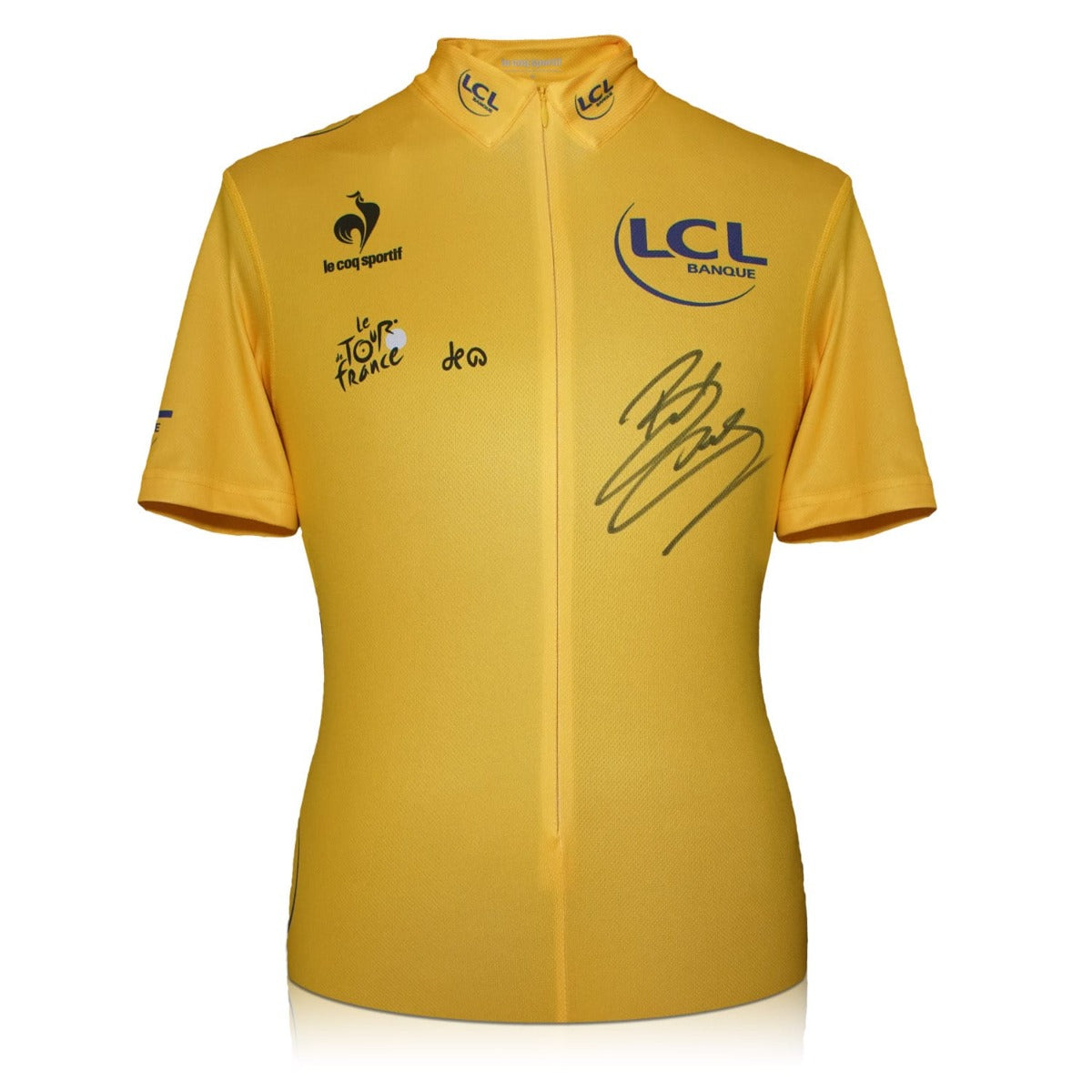 Official Tour de France yellow cycling jersey signed by Bradley Wiggins with black signature.