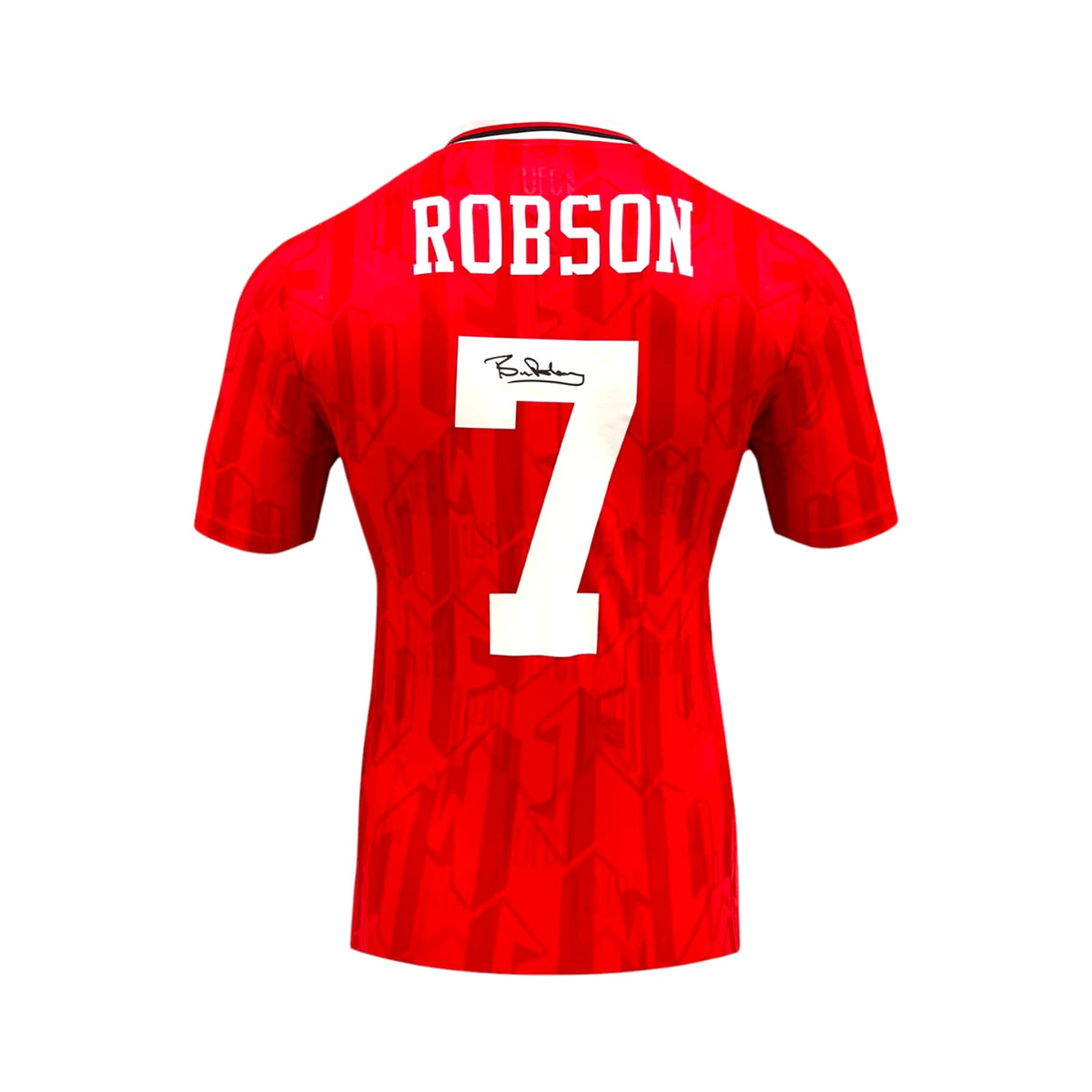 Back of a red Manchester United number 7 football shirt signed by Bryan Robson. Hoofdafbeelding