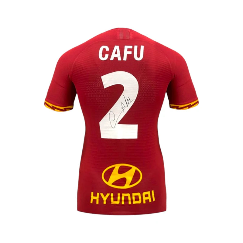Back view of the AS Roma 2019-20 match edition football shirt signed by Cafu.