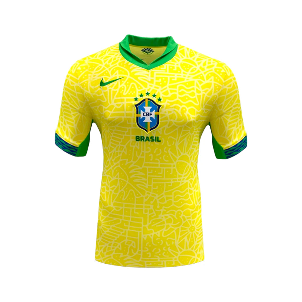 Front view of the official Brazil 2024 home football shirt.