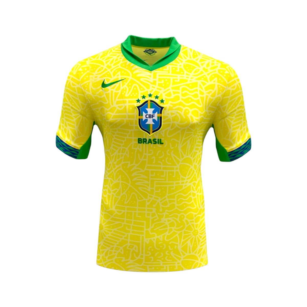 Front view of the official Brazil 2024 home football shirt.