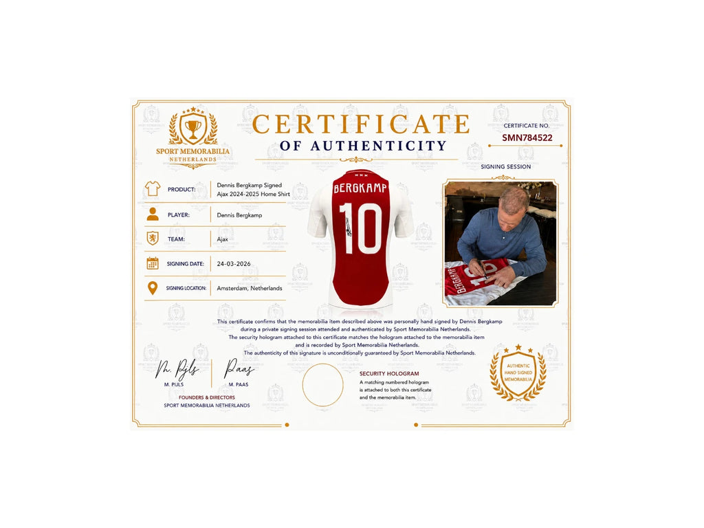 Certificate of Authenticity for a Dennis Bergkamp signed Ajax 2024-2025 home football shirt issued by Sport Memorabilia Netherlands.