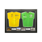 Framed Tour de France yellow and green cycling jerseys signed by Chris Froome and Mark Cavendish with four action photos.