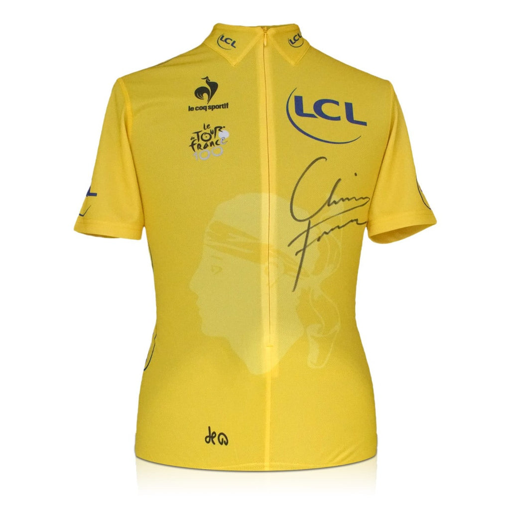 Official Tour de France 2013 yellow cycling jersey signed by Chris Froome with black signature.