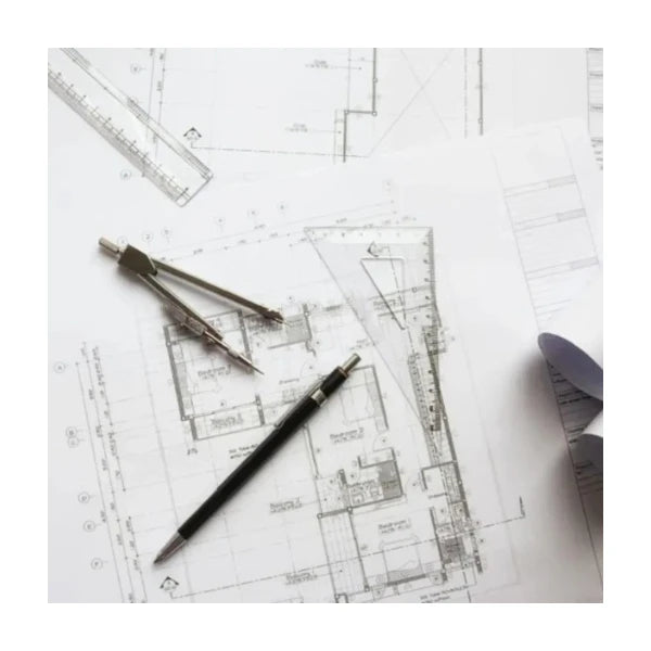 Architectural plans with measuring tools representing a professional custom framing service.