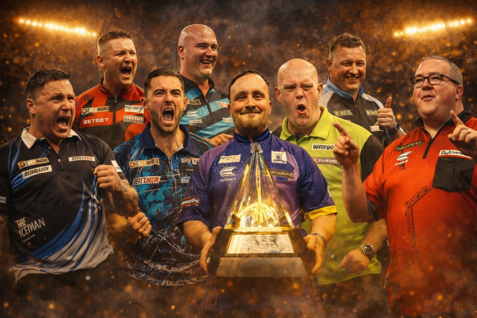 Collectie darts memorabilia met bekende professionele darters en een kampioenschapstrofee in een sfeervolle arena.