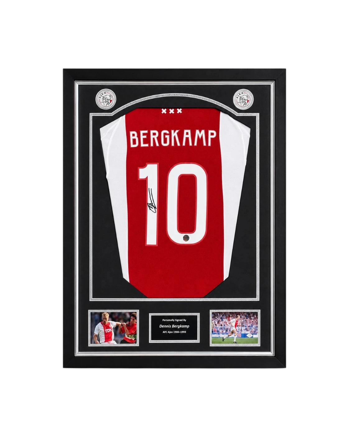 Framed Dennis Bergkamp signed Ajax 2024-2025 home football shirt displayed in a premium black frame by Sport Memorabilia Netherlands.