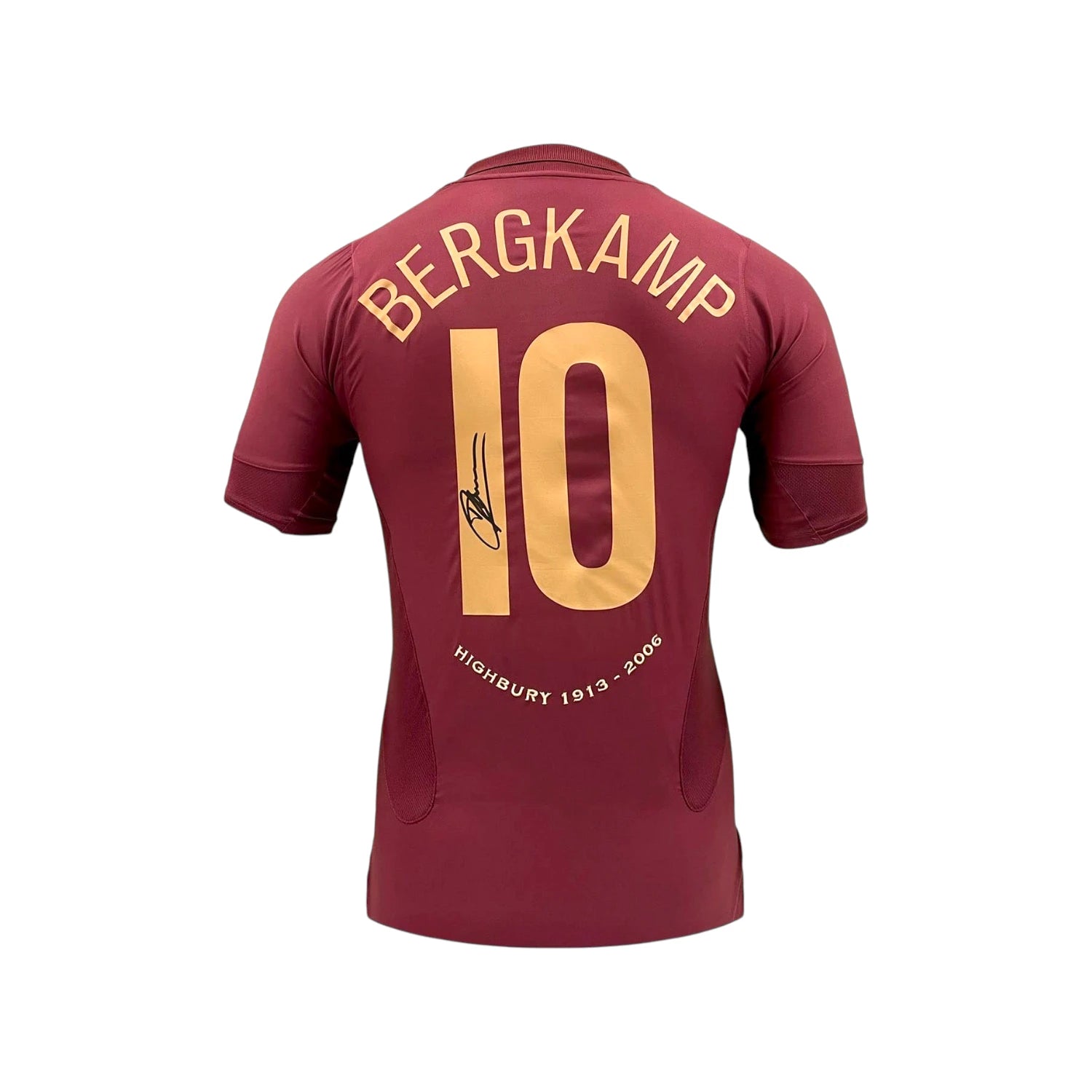 Back view of the official Arsenal 2005-06 Highbury football shirt signed by Dennis Bergkamp. Main image