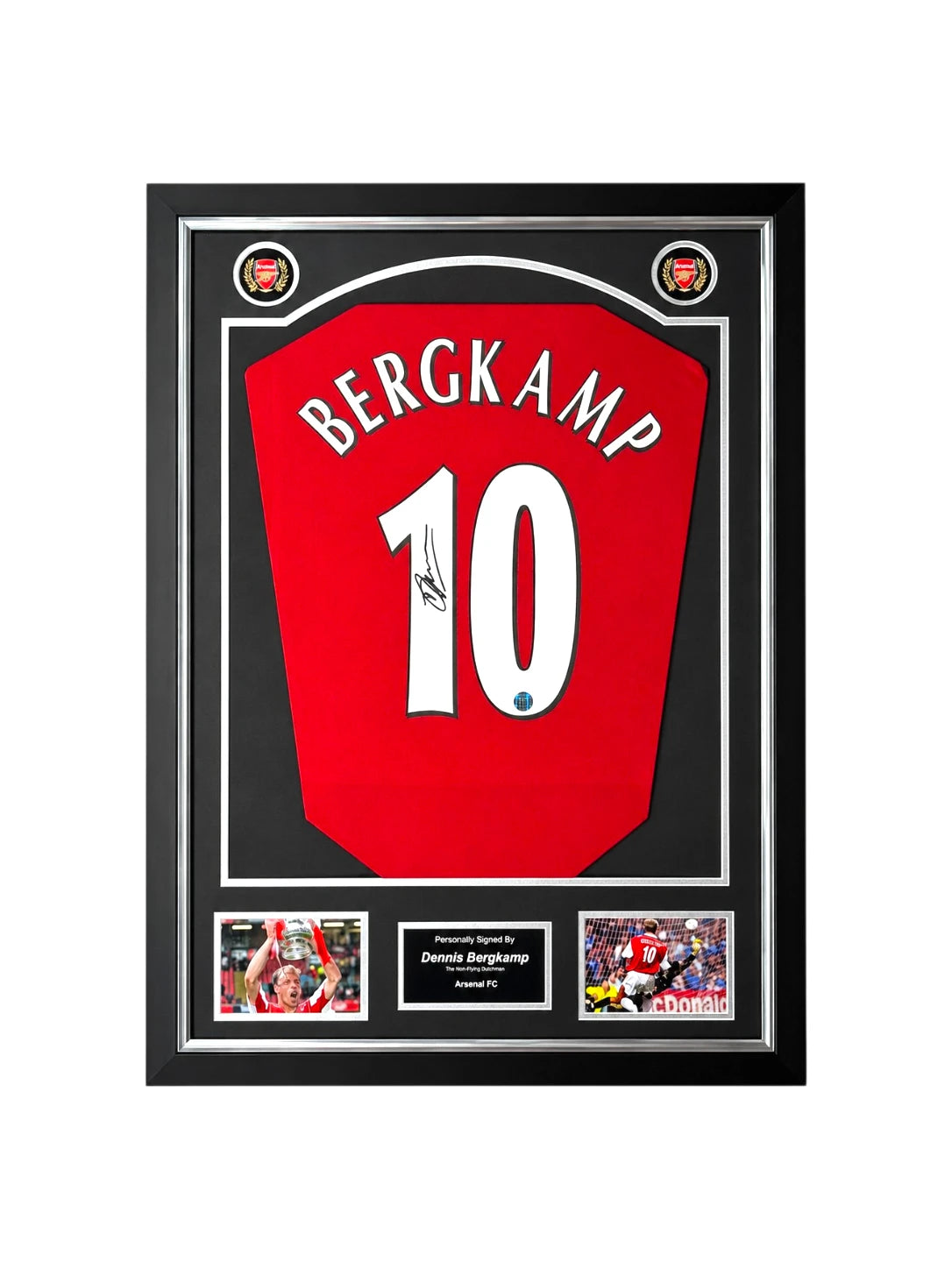 Framed official Arsenal 2024-25 home football shirt signed by Dennis Bergkamp, professionally displayed with two action photos. Hoofdafbeelding