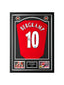Framed official Arsenal 2024-25 home football shirt signed by Dennis Bergkamp, professionally displayed with two action photos.