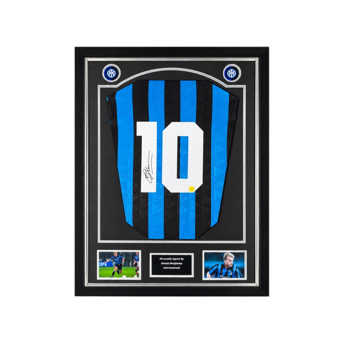 Framed Dennis Bergkamp signed Inter Milan number 10 football shirt with two photos and a central plaque.