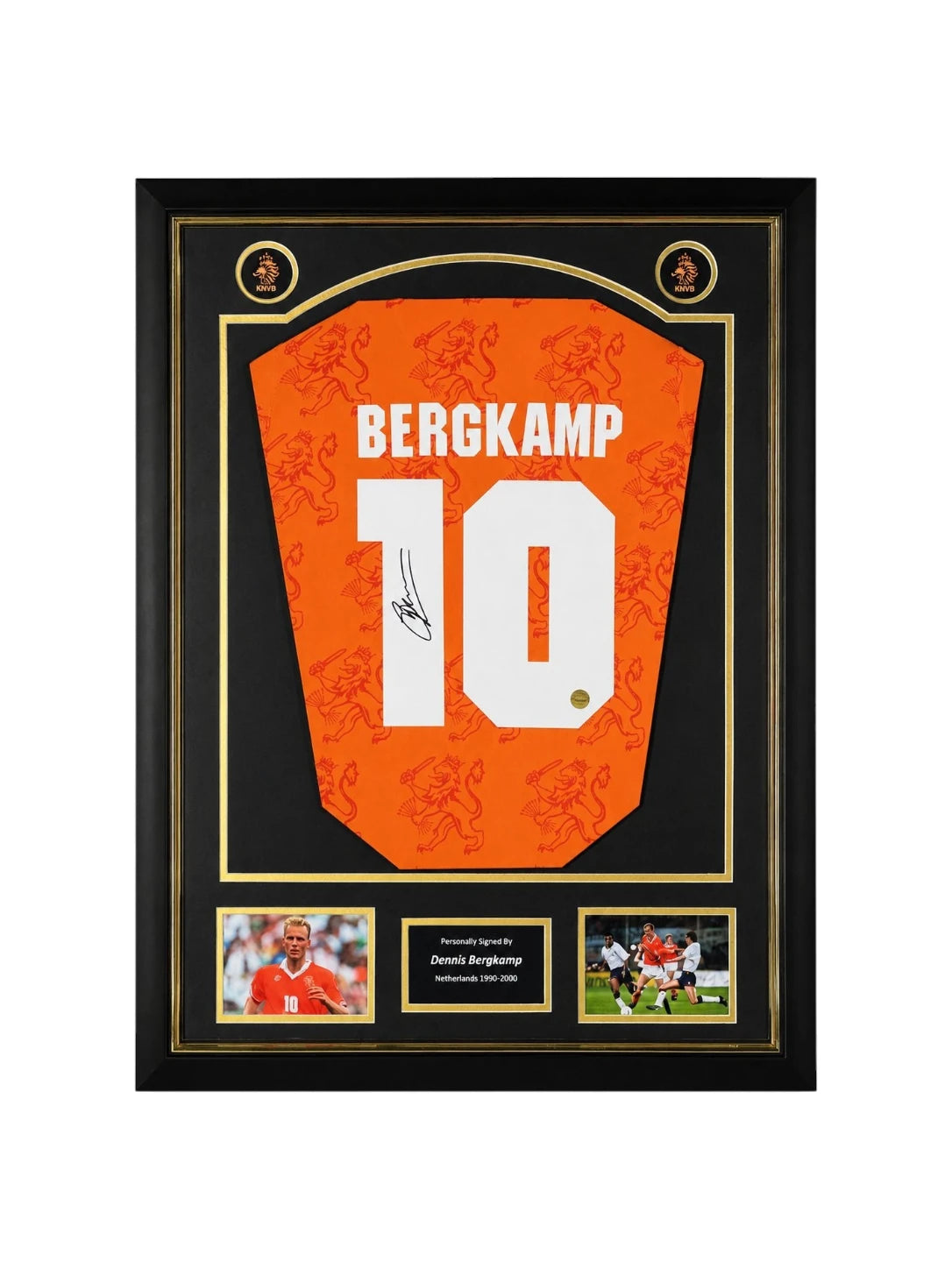 Framed official replica Holland 1994 home football shirt signed by Dennis Bergkamp, professionally displayed with two action photos.