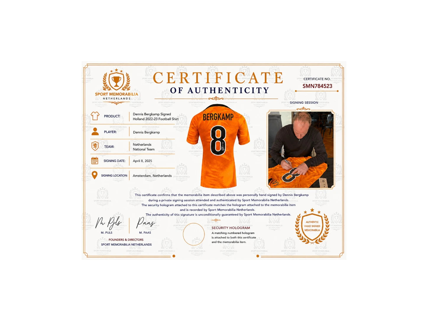 Certificate for Dennis Bergkamp signed official Holland 2022-23 football shirt with private signing session photo.