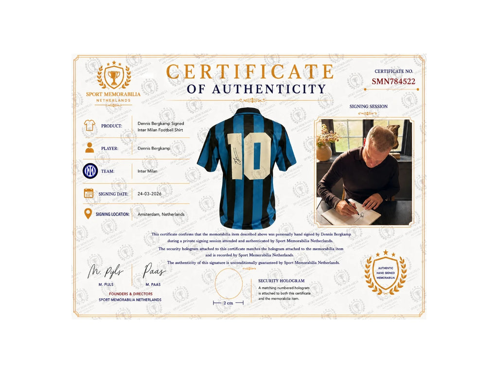 Certificate for Dennis Bergkamp signed official Inter Milan football shirt with private signing session photo.