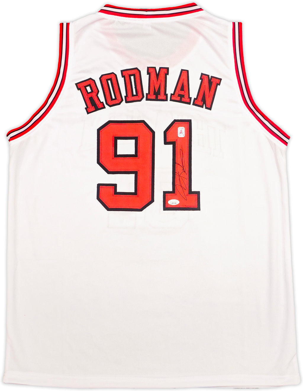 Achterkant van een wit Chicago Bulls nummer 91 basketbalshirt gesigneerd door Dennis Rodman.