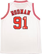 Achterkant van een wit Chicago Bulls nummer 91 basketbalshirt gesigneerd door Dennis Rodman.