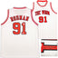 Voor- en achterkant van een wit Chicago Bulls nummer 91 basketbalshirt gesigneerd door Dennis Rodman.