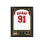 Ingelijst wit Chicago Bulls nummer 91 basketbalshirt gesigneerd door Dennis Rodman met foto’s en naamplaatje.