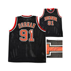 Dennis Rodman nummer 91 basketbalshirt met voor- en achterkant en detail van de handtekening.
