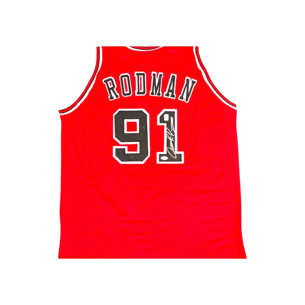 Achterkant van een rood nummer 91 basketbalshirt met RODMAN, gesigneerd door Dennis Rodman.