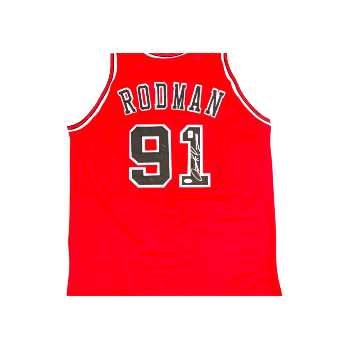 Achterkant van een rood nummer 91 basketbalshirt met RODMAN, gesigneerd door Dennis Rodman.