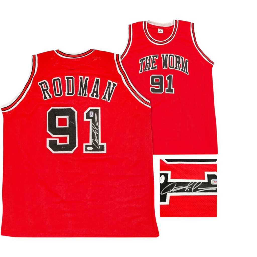 Rood Dennis Rodman nummer 91 basketbalshirt met voor- en achterkant en detail van de handtekening.