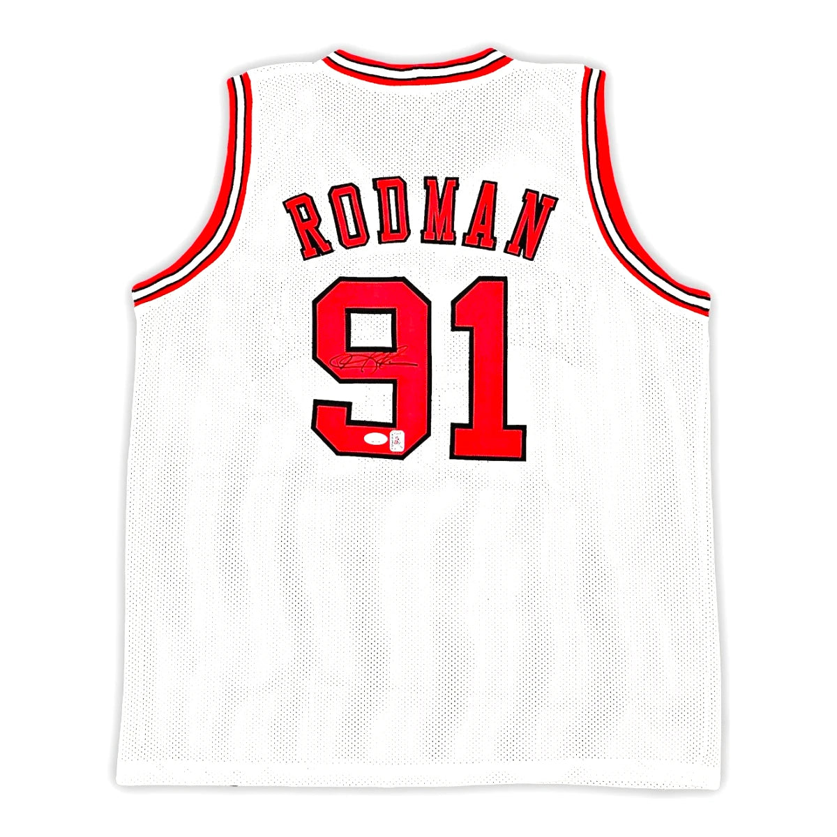 Achterkant van een wit nummer 91 basketbalshirt met RODMAN, gesigneerd door Dennis Rodman.