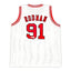 Achterkant van een wit nummer 91 basketbalshirt met RODMAN, gesigneerd door Dennis Rodman.