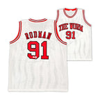 Wit Dennis Rodman nummer 91 basketbalshirt met voor- en achterkant en zichtbare handtekening.