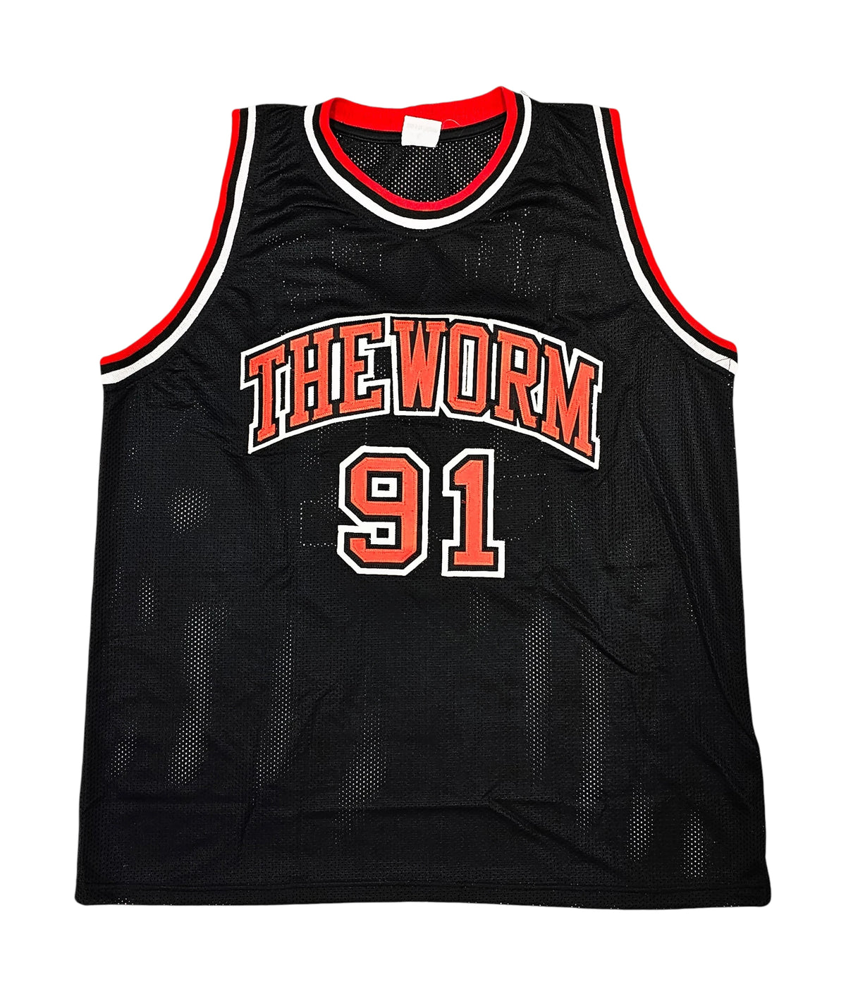 Voorkant van een zwart nummer 91 basketbalshirt van Dennis Rodman met THE WORM op de borst.