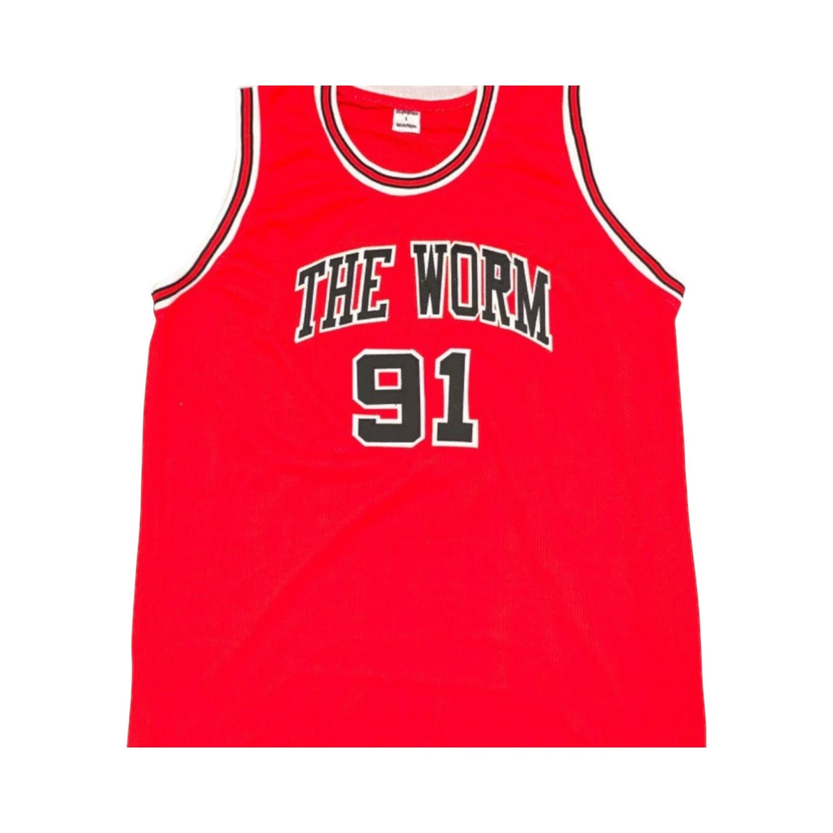 Voorkant van een rood nummer 91 basketbalshirt van Dennis Rodman met THE WORM op de borst.